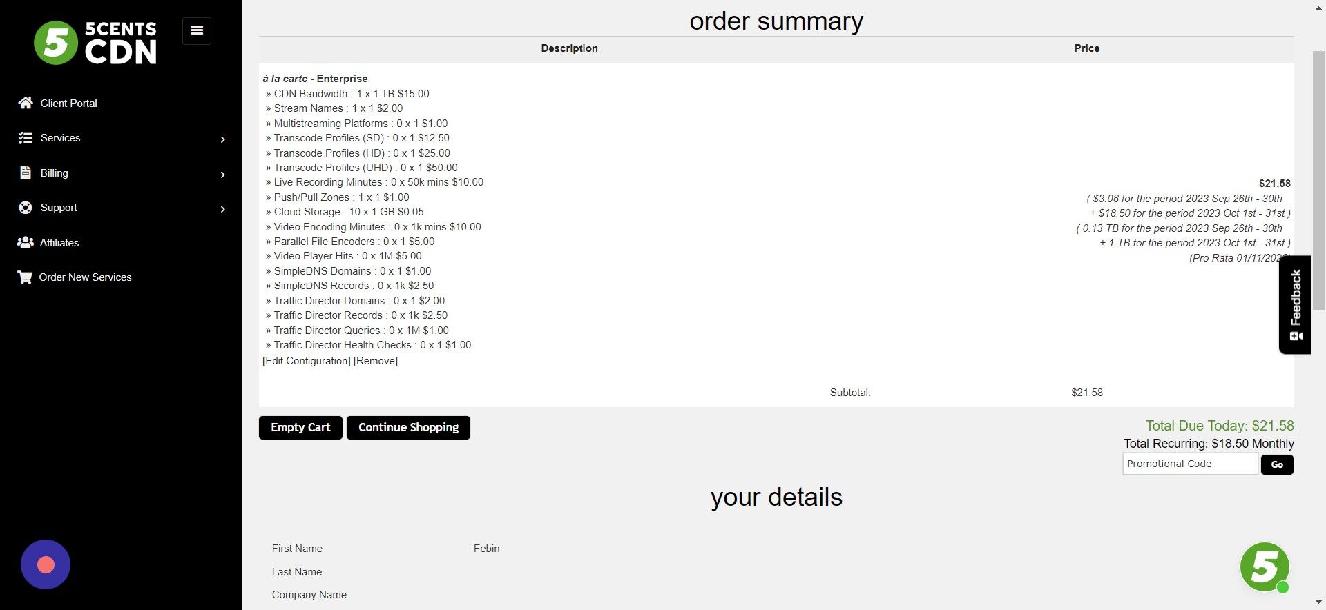 Screenshot of: You can see the order summary 