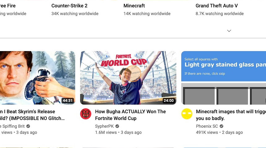 Screenshot of: Using "Fortnight World Cup" in the YouTube Thumbnail for Gaming invokes the user's interest, and the smiling face and arms outstretched add to the intrigue. It's a good example of a thumbnail that stands out.
This thumbnail could be improved by adding text to the Thumbnail, such as: \
\
[[🏆 Watch NOW and Level Up Your Game!"]]