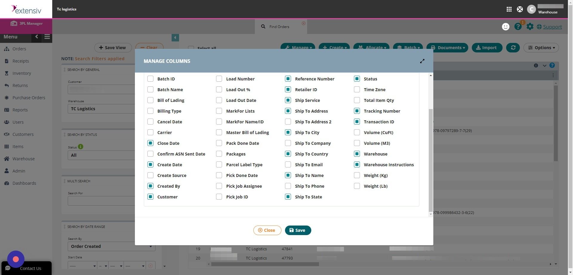 Screenshot of: From here, select all the columns you want to populate on the find orders screen for your export, then click **Save**.