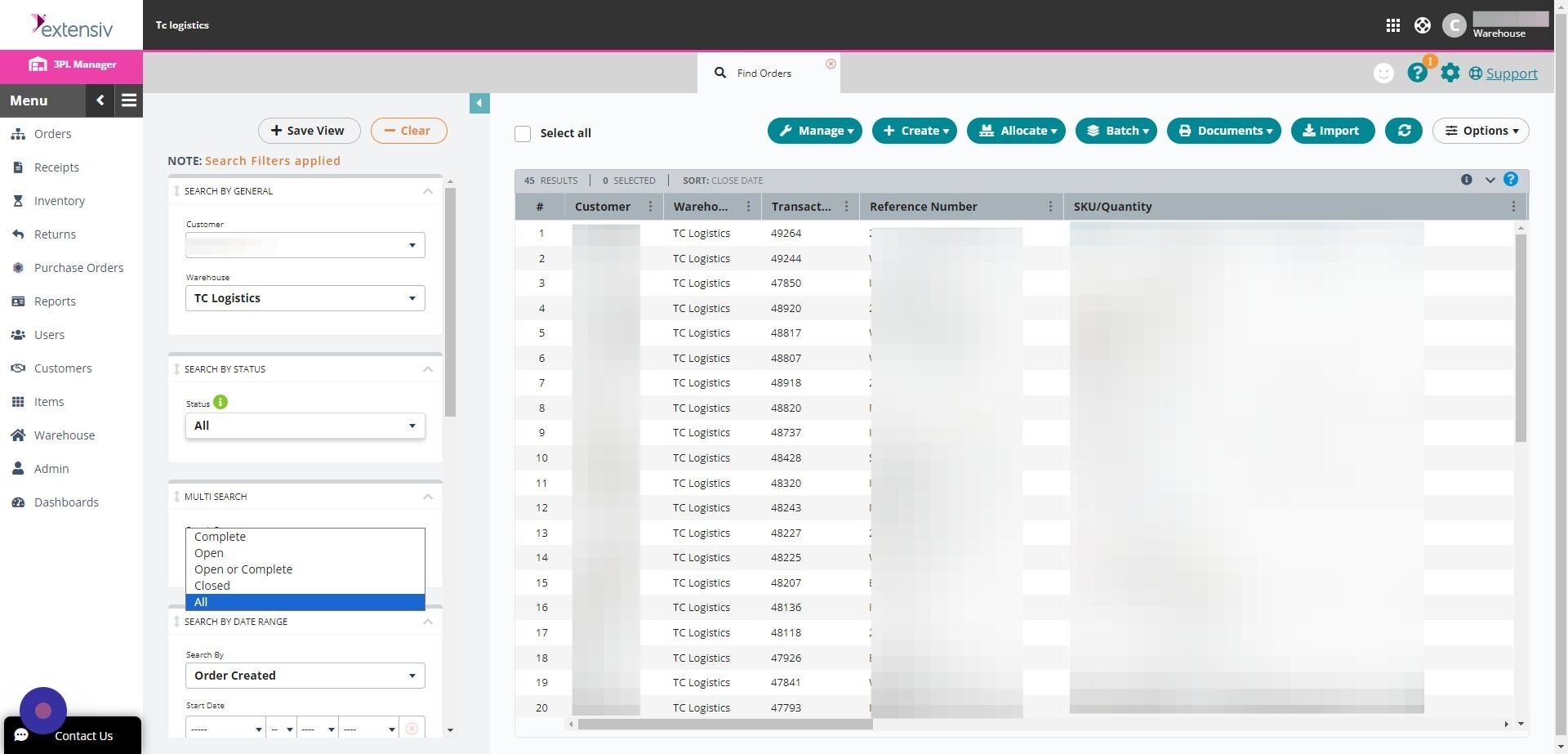 Screenshot of: Head over to the "Search by Status" field and select which type of orders you want to export. There are only two statuses you need to be concerned with, the rest are for the warehouse. **Closed** orders mean the order has been shipped and on its way to the destination. To view orders that are ready to be processed by the warehouse, select **Open or** **Complete.** 