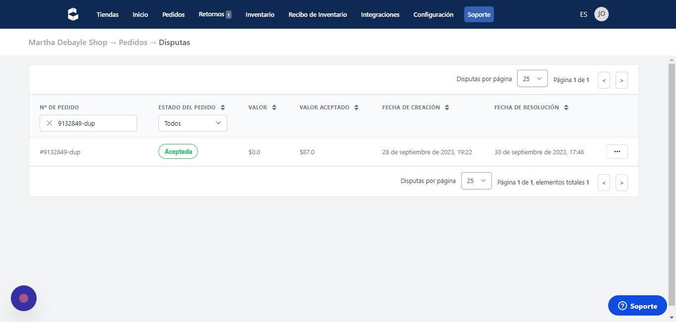 Screenshot of: Click "Soporte"