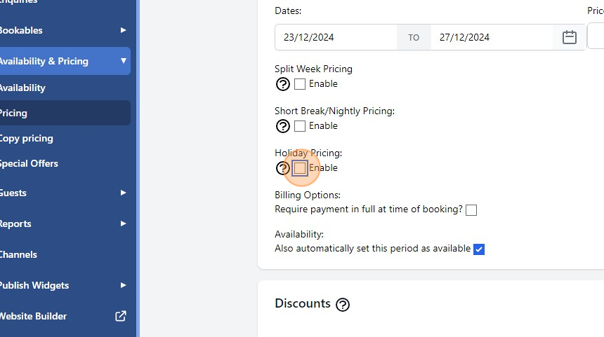 Screenshot of: Enable Holiday Pricing, two extra fields will appear where you can enter the price per holiday period (overrides any other pricing) and the name you wish to give this break.