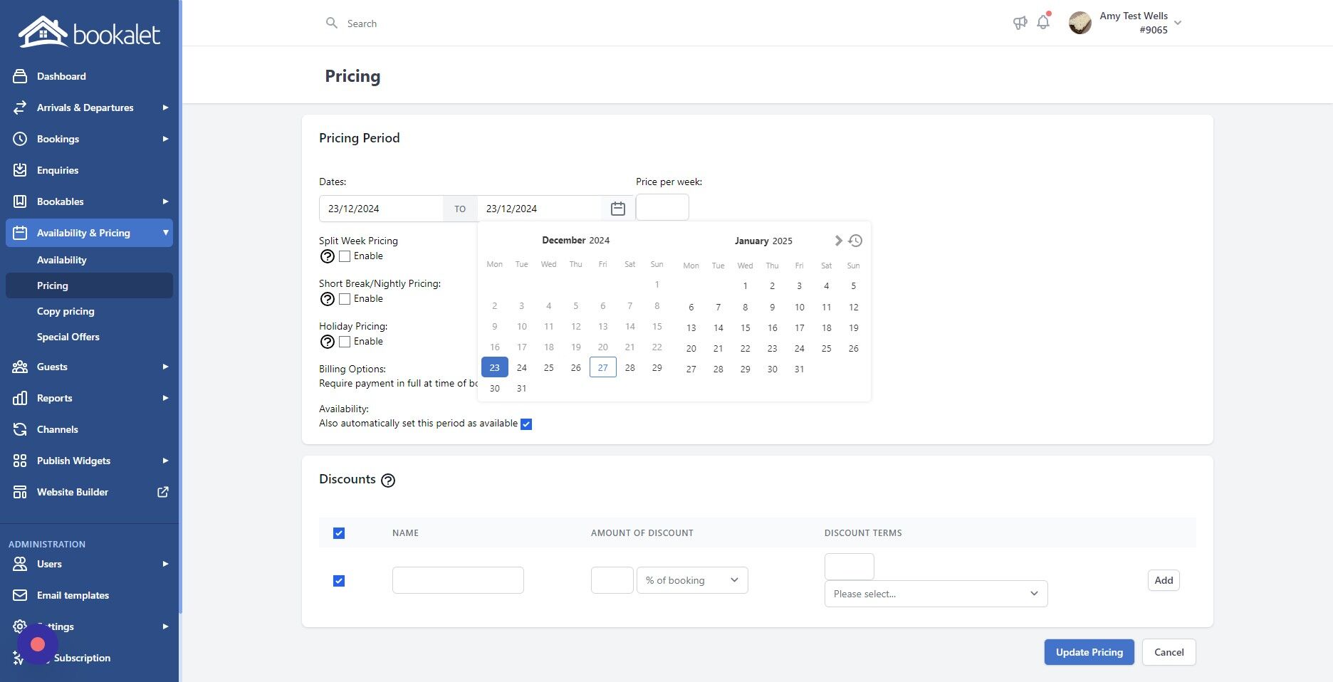 Screenshot of: In this example, we have chosen the 23rd December 2024 to the 27th December 2024
