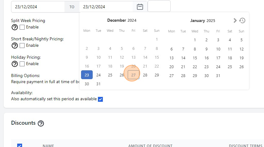 Screenshot of: In this example, we have chosen the 23rd December 2024 to the 27th December 2024