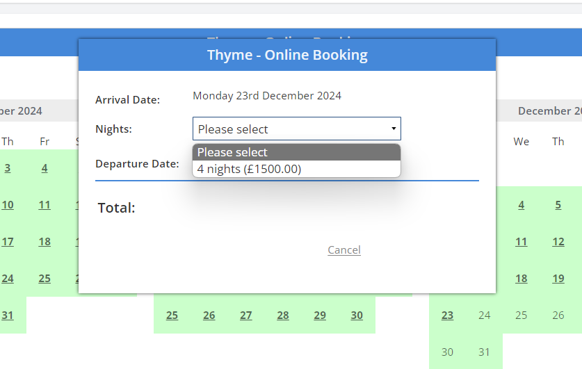 Screenshot of: Only the Holiday period is available to book
