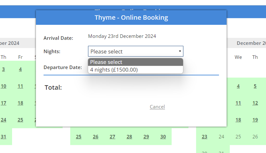 Screenshot of: Only the Holiday period is available to book