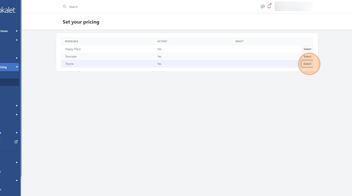 Screenshot of: Click "Select" against the bookable to which you would like to add Holiday Pricing