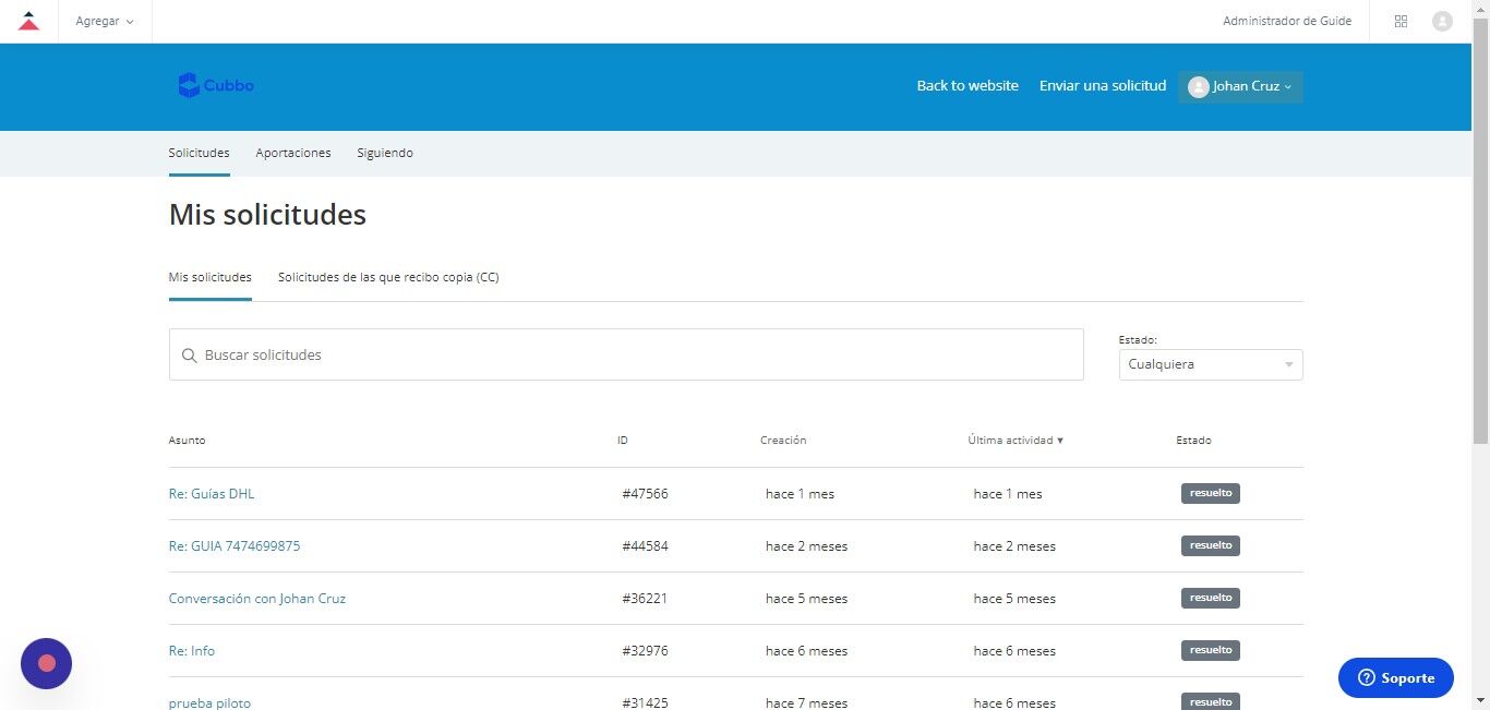 Screenshot of: Click "Mis solicitudes"\
Allí podra ver todas las consultas realizadas a Cubbo
