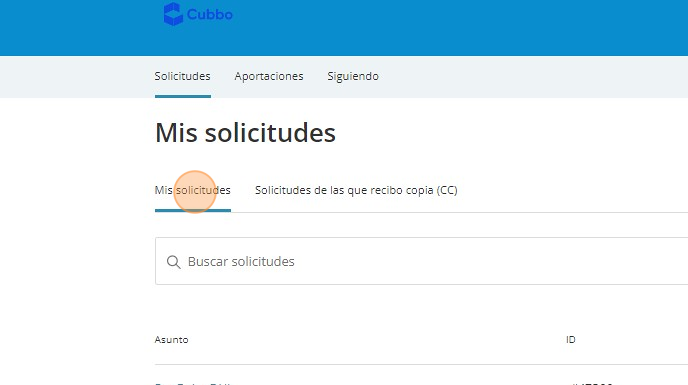 Screenshot of: Click "Mis solicitudes"\
Allí podra ver todas las consultas realizadas a Cubbo