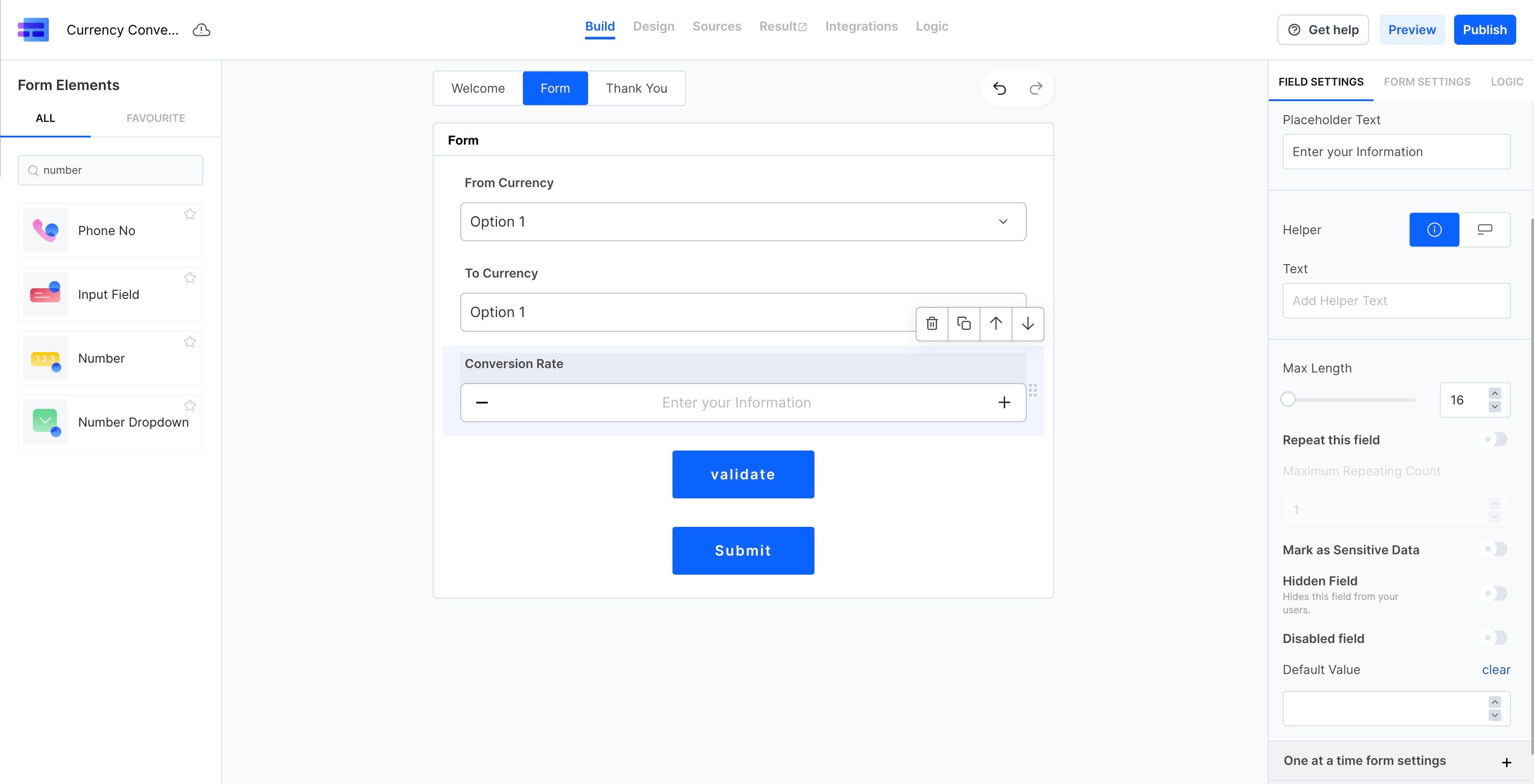 Screenshot of: Once we are done with the input parameter mapping, we need to map the return value parameters. For this, we will add a new field and name it "Conversion Rate". Since we do not wish to show this field to the user, we will just mark it as hidden