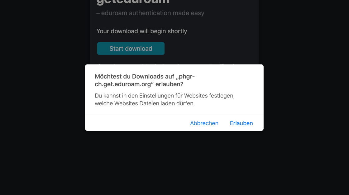 Screenshot of: **Download erlauben**\
Das Fenster das gerade auf Ihrem Mac aufgetaucht ist, bietet Ihnen die Option den Download zu Starten, indem sie auf erlauben klicken.