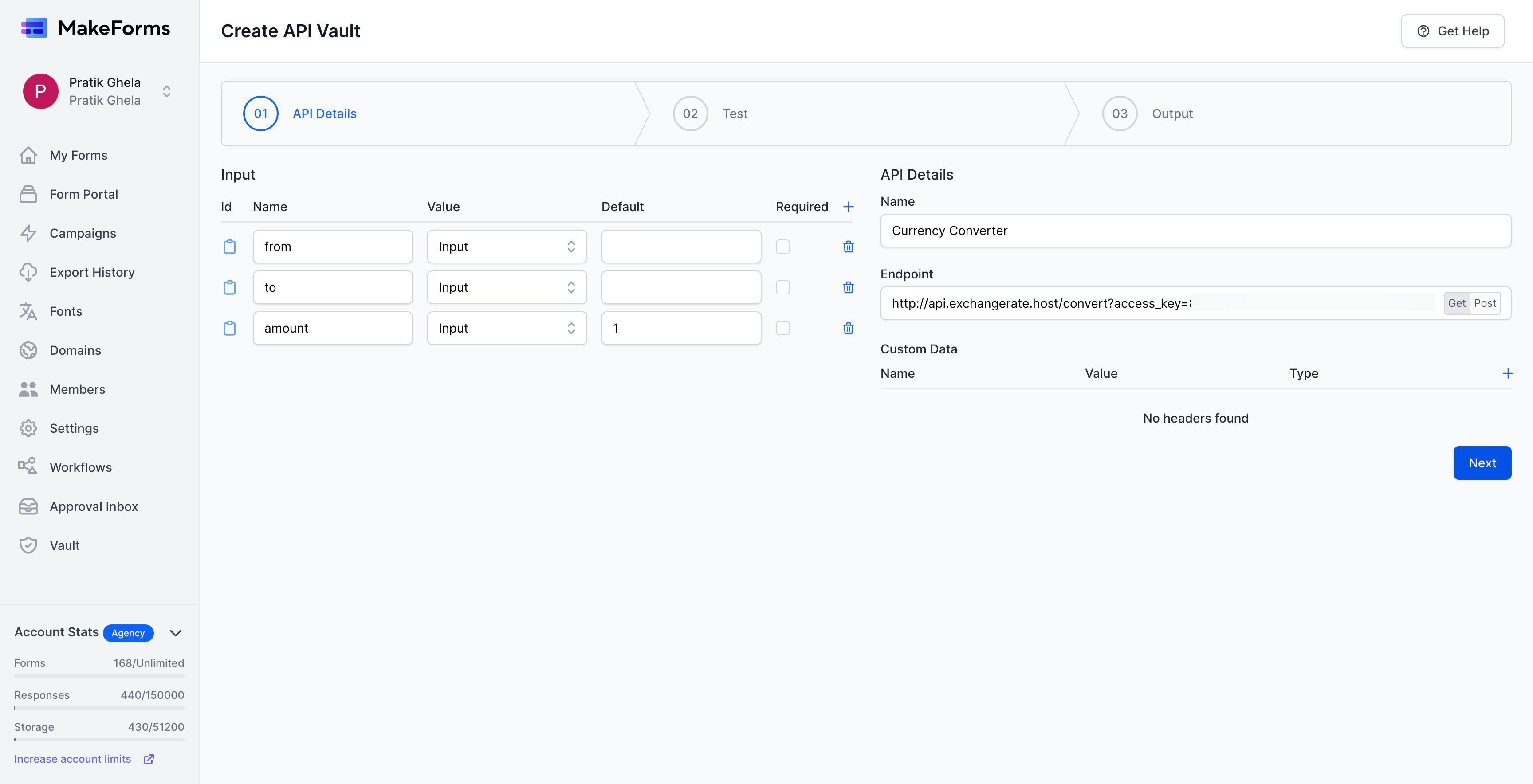 Screenshot of: Click "Next" to proceed with the API Testing