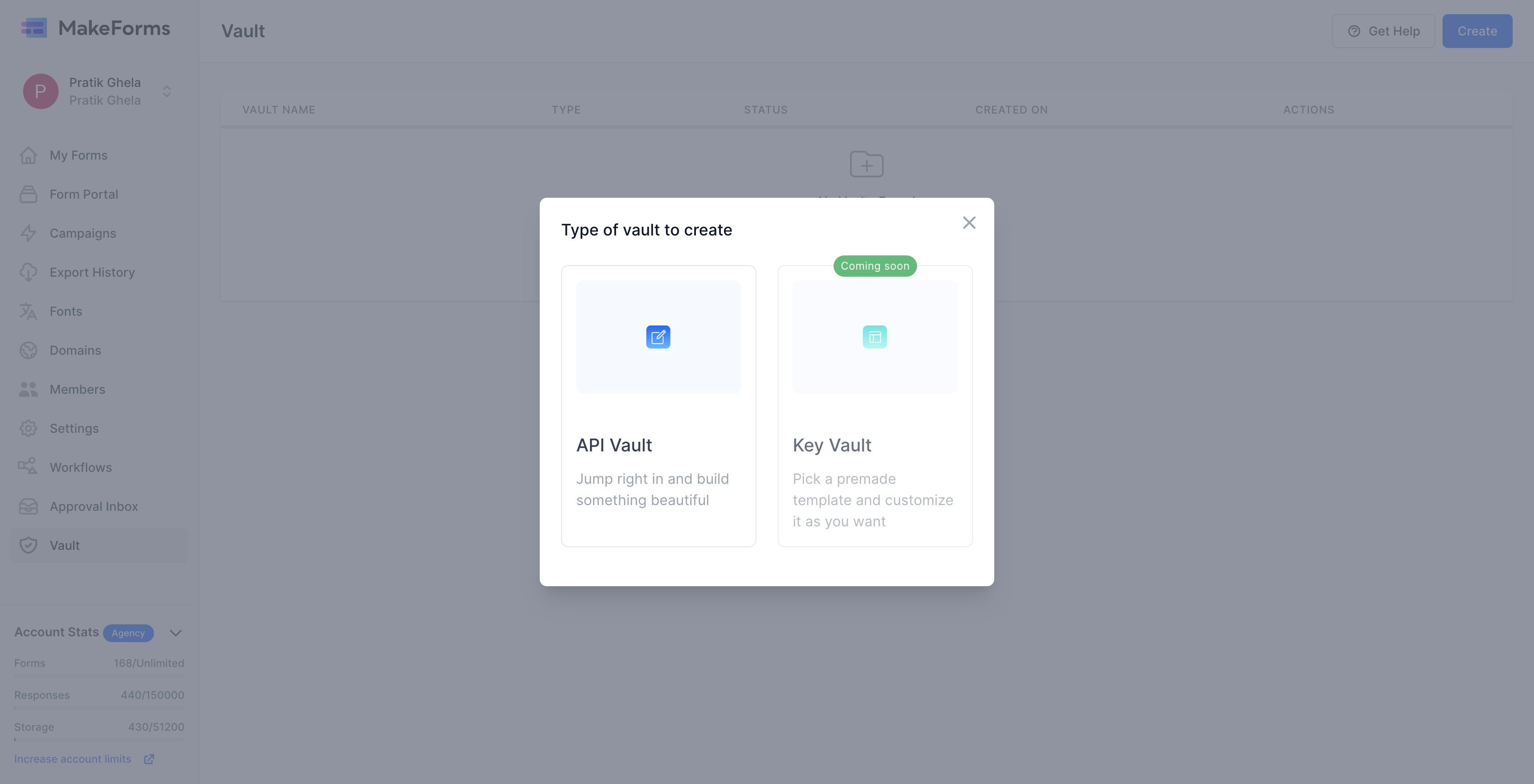 Screenshot of: Select the API Vault Option