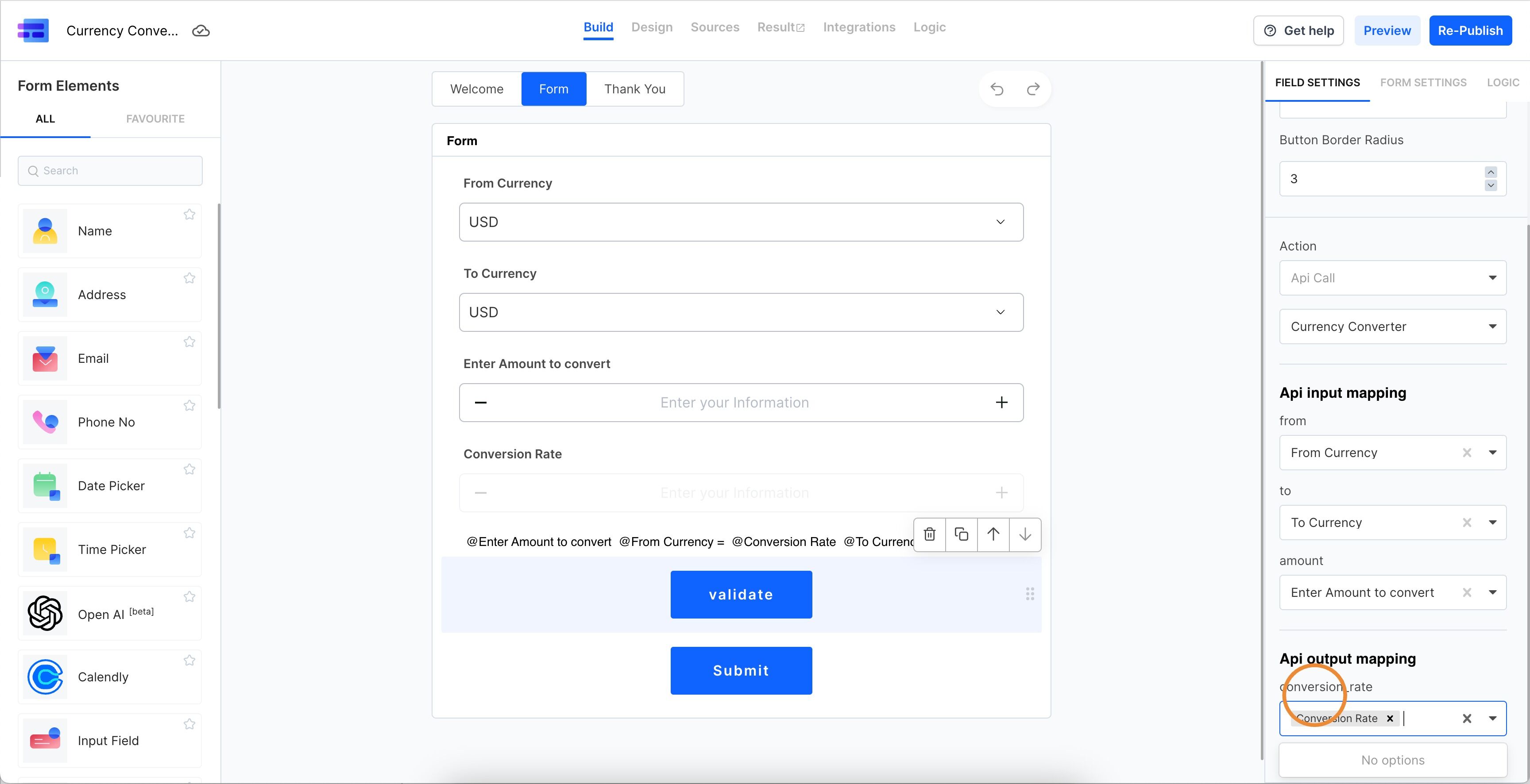 Screenshot of: Now, finally, we have to map the conversion rate that we get back from the API to the field inside the form. We will do this by clicking the API Action element and scrolling down to the API Output mapping and select our newly setup field for our conversion_rate parameter which we setup in our Vault API