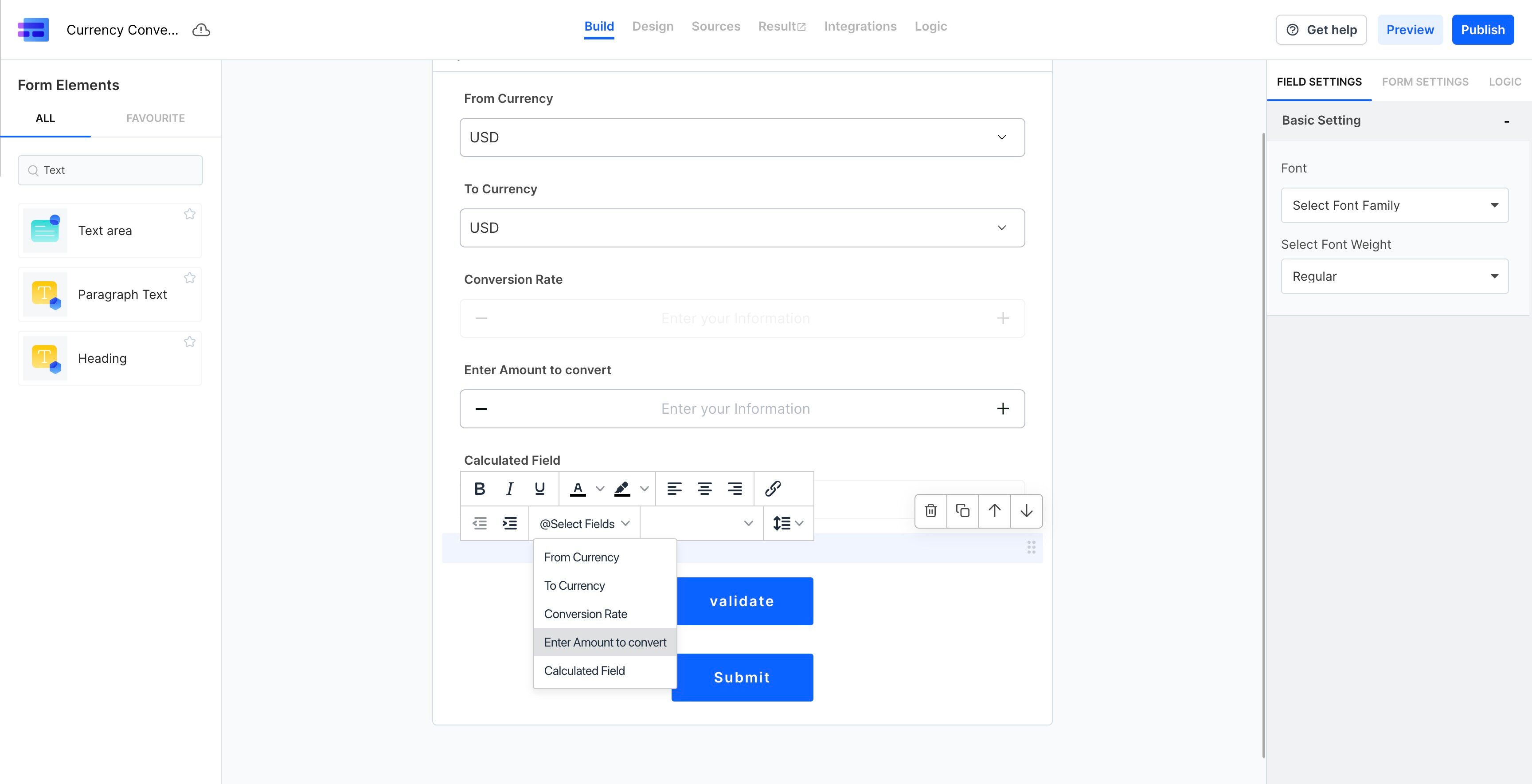 Screenshot of: Select the fields that you need to display. First we will select "Enter Amount to convert" field. 