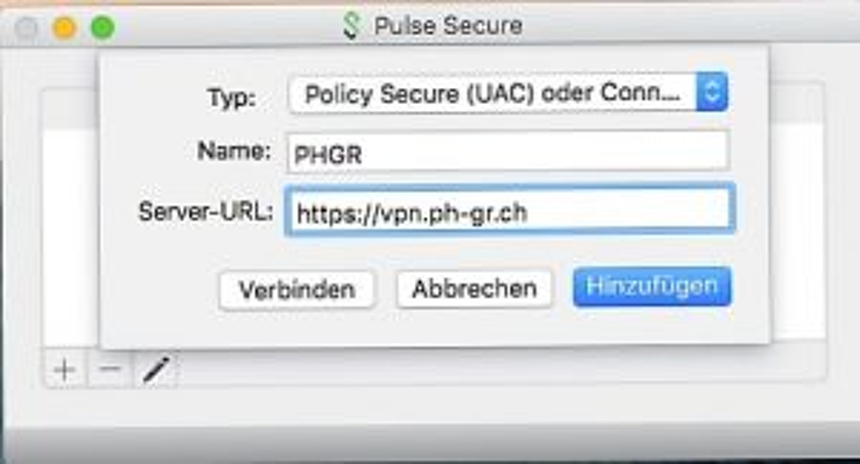 Screenshot of: Der Name des Profils kann selbst ausgewählt werden. Die Server-URL muss <https://vpn.ph-gr.ch> sein.