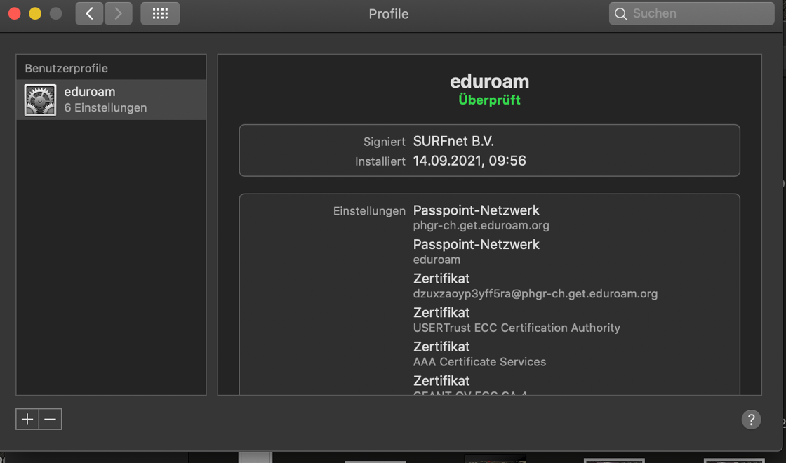 Screenshot of: **Eduroam überprüft & installiert**\
Nach einigen Sekunden erscheint ein Fenster, in dem Sie sehen, dass eduroam überprüft und installiert ist.