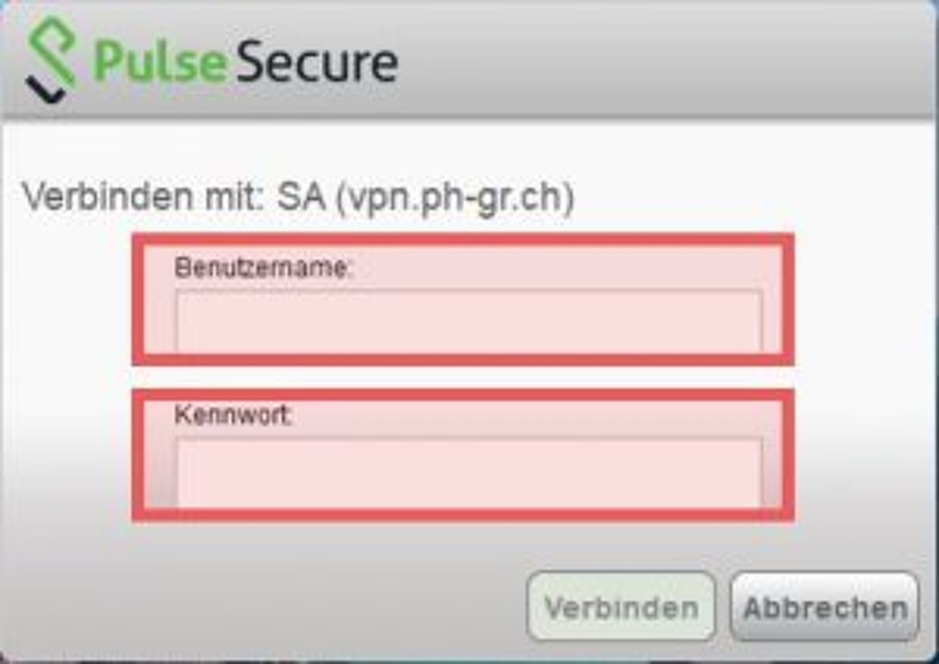 Screenshot of: Tippe hier deinen PHGR-Benutzername sowie das PHGR-Passwort ein. Der Benutzername und das Kennwort können dem PH-Accountblatt entnommen werden.Klicke danach auf Verbinden.