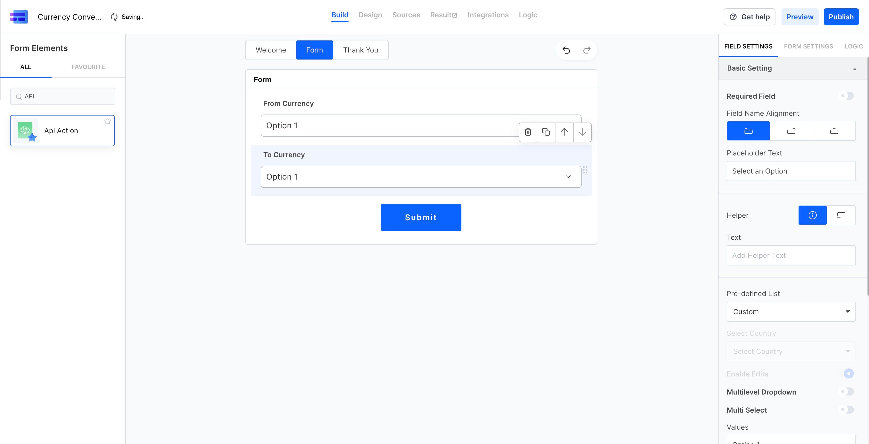 Screenshot of: We will now create a new form and create 2 dropdowns. One for the "From" currency and second one for the "To" currency. We will later change the values of these dropdowns to the list of currency codes. 