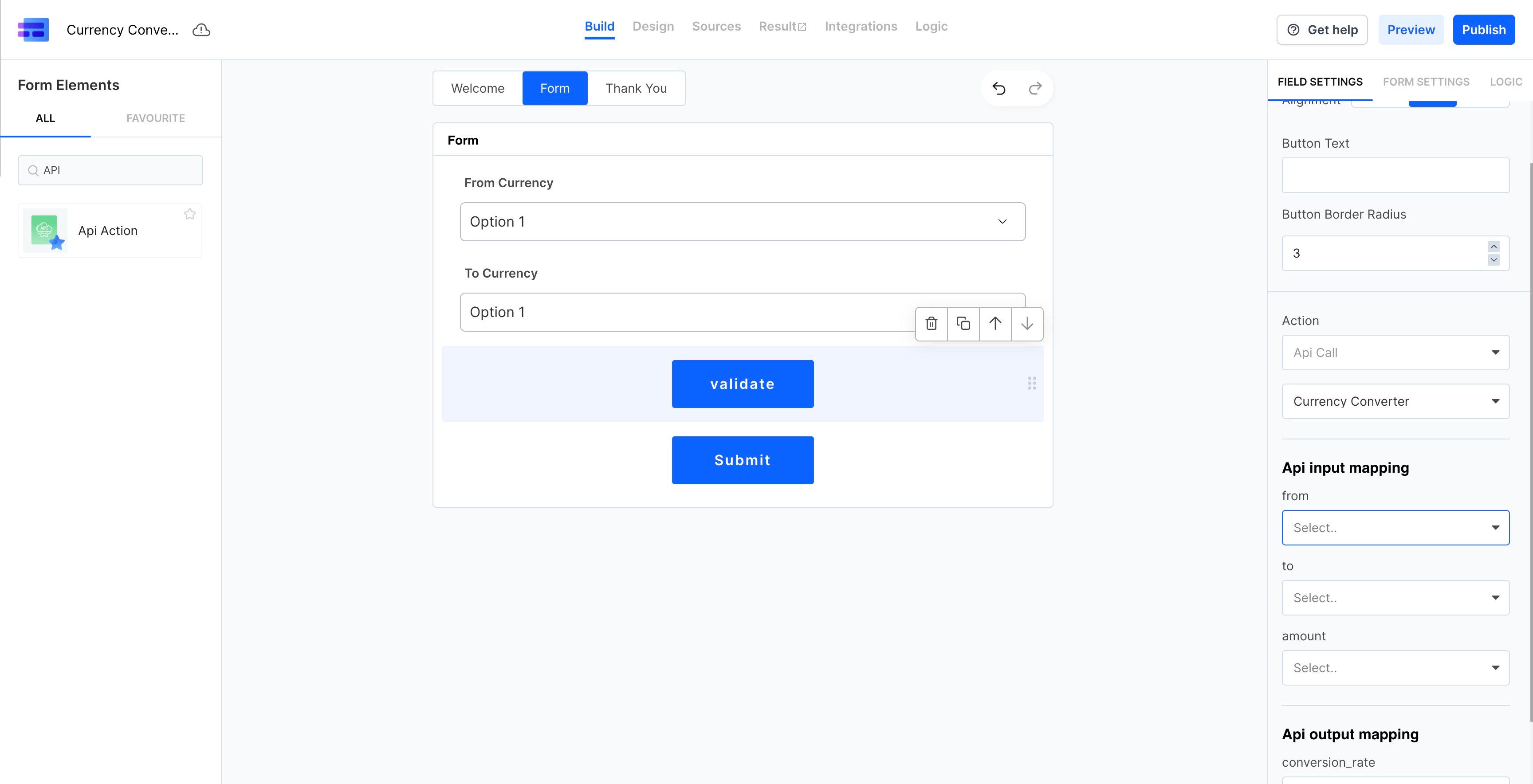 Screenshot of:  Now, the moment you select Currency Converter, you will presented with all the input parameters that the API accepts. Here, we had "from" & "to" parameters. So, we will assign the "From Currency" Dropdown value from our form to the "from" parameter and "To Currency" Dropdown value from our form to the "to" parameter. The image below explains the same. 