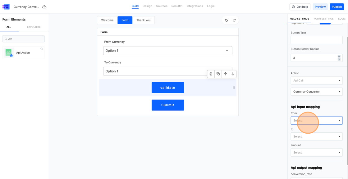 Screenshot of:  Now, the moment you select Currency Converter, you will presented with all the input parameters that the API accepts. Here, we had "from" & "to" parameters. So, we will assign the "From Currency" Dropdown value from our form to the "from" parameter and "To Currency" Dropdown value from our form to the "to" parameter. The image below explains the same.