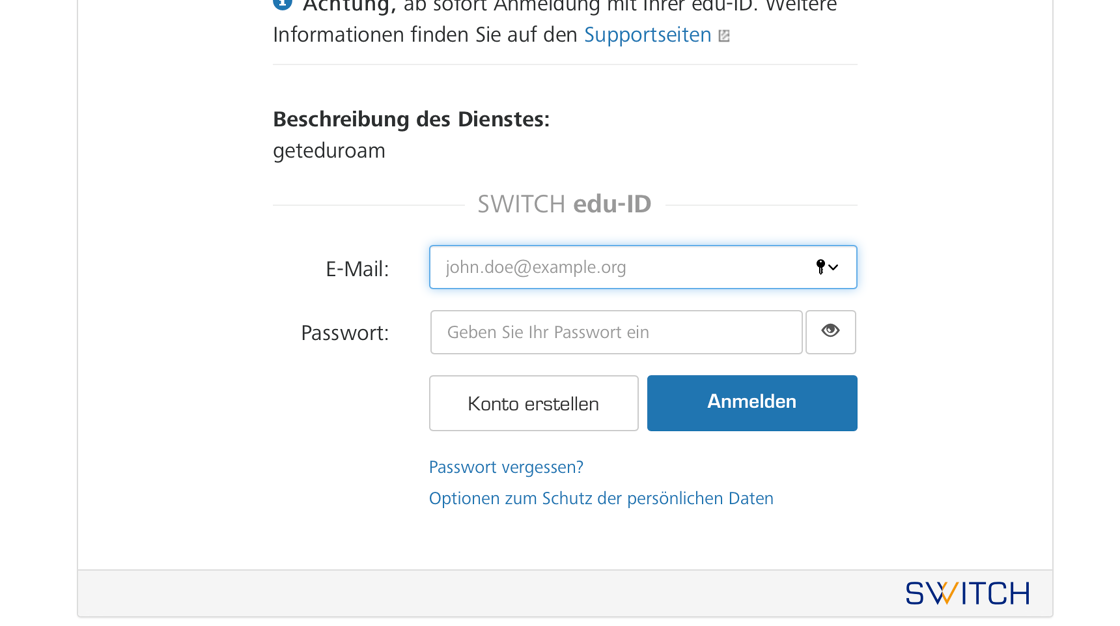 Screenshot of: **Switch Edu-ID**\
Verbinden Sie sich mit Ihrer Persönlichen Edu-Id Mail und dem dazugehörigen Passwort.