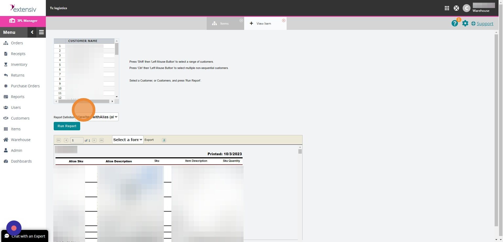 Screenshot of: [[Click the drop-down menu next to "Report definition." ]]

[[Make sure to select "View item with Alias" ]]