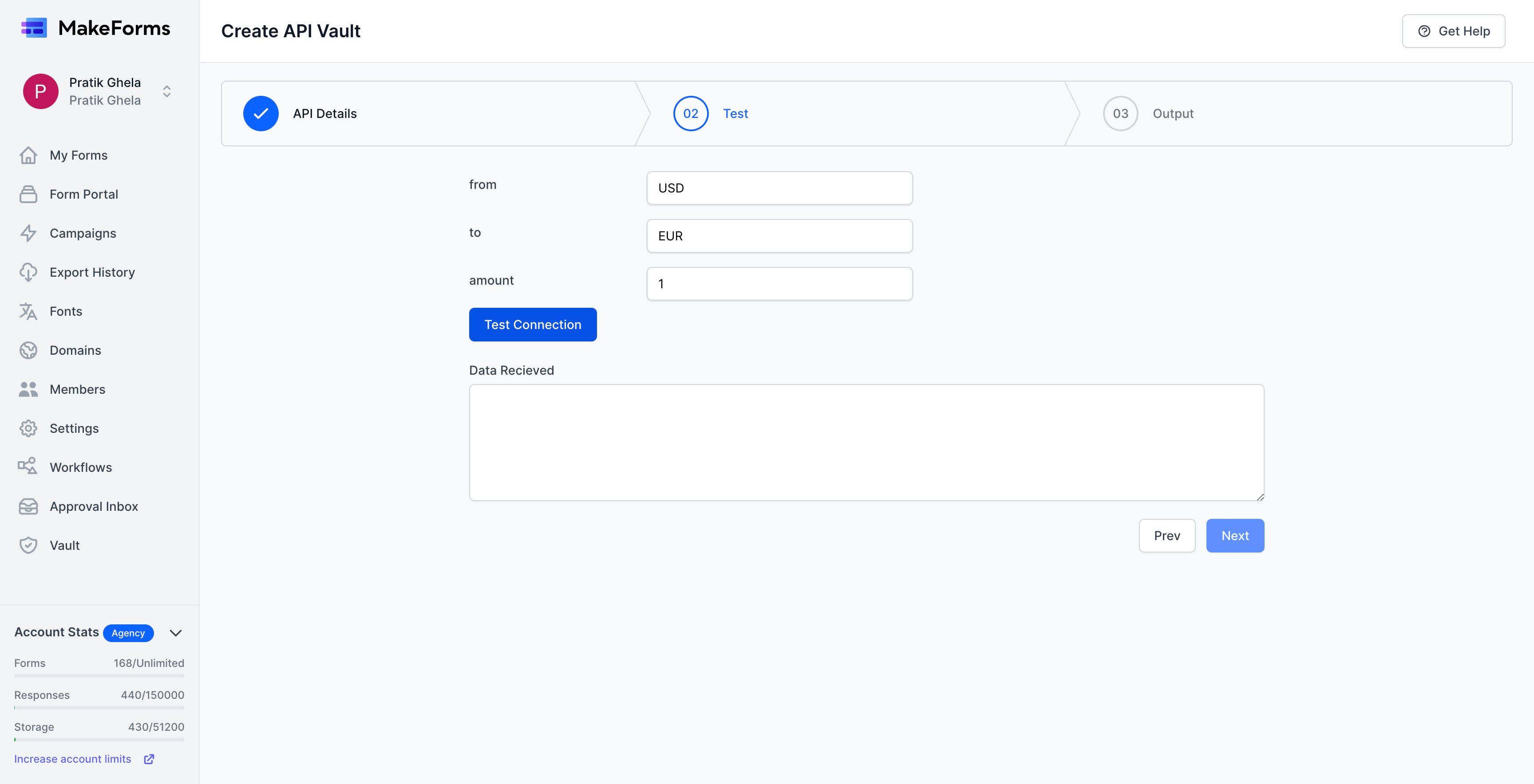 Screenshot of: In the "Test" tab, we will be presented with the 3 parameters that we setup in Step 1. We will set the "from" parameter to "USD", "To" parameter to "EUR" and amount to "1" 