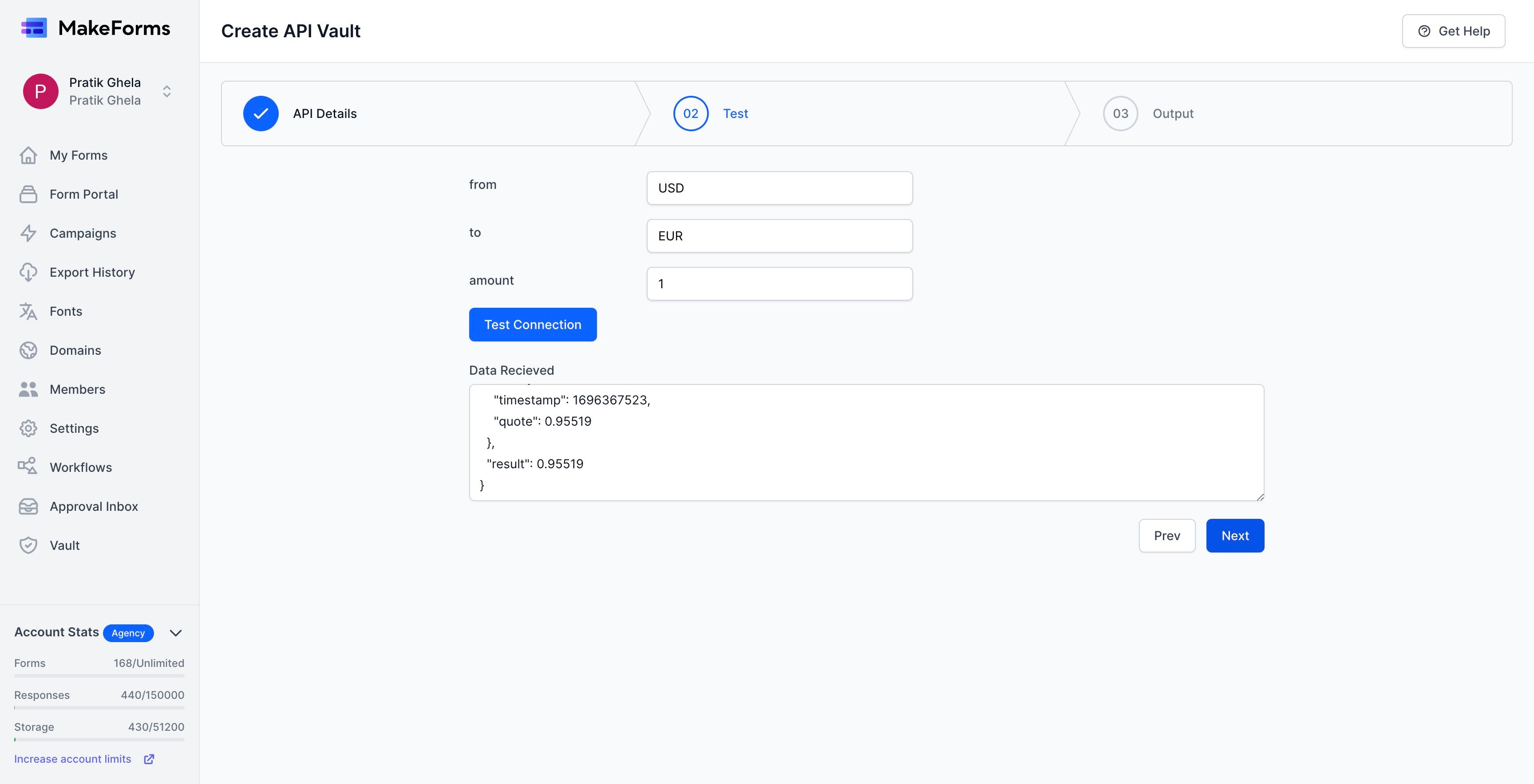 Screenshot of: On hitting the "Test Connection" button, we can see that the API call is successful and we have received the conversion rate in return in the Data Received text area below