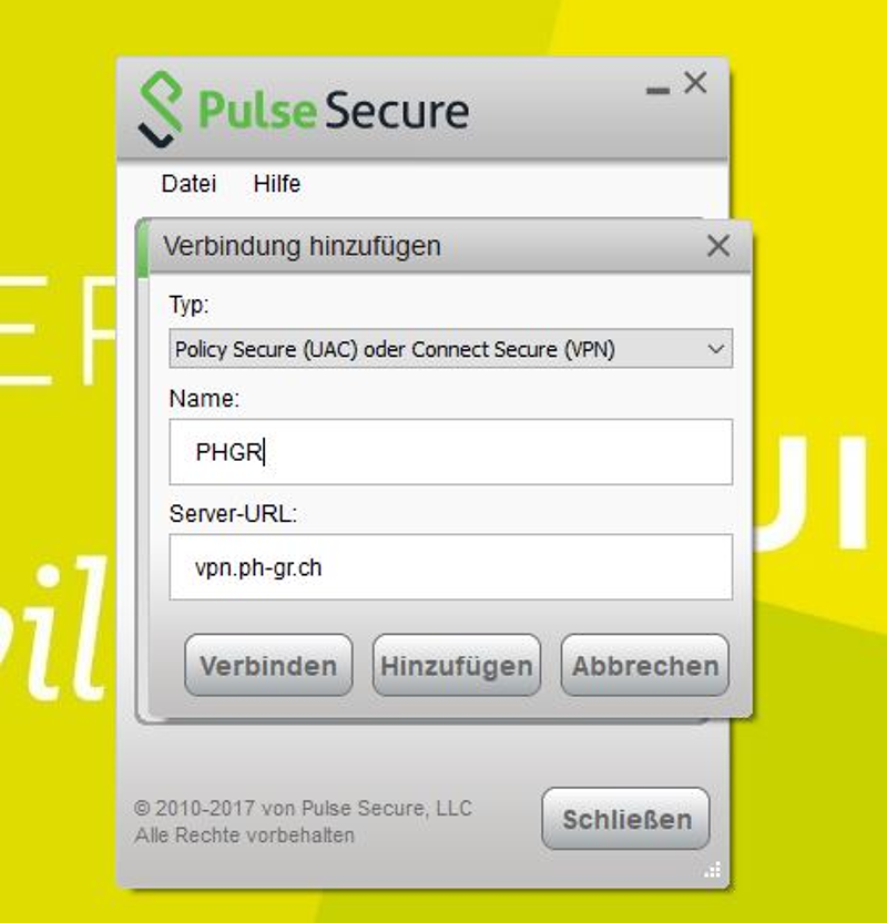 Screenshot of: Wähle einen Namen für die Verbindung (z.B. PHGR) Server = [vpn.ph-gr.ch](http://vpn.ph-gr.ch)