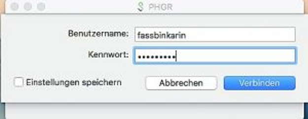 Screenshot of: Im Anmeldefenster die PHGR-Accountdaten eingeben und auf «Verbinden» klicken.
