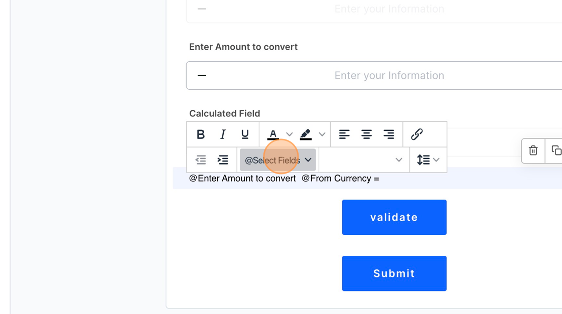 Screenshot of: Type "=" and then the "Conversion Rate" and "To Currency" fields.