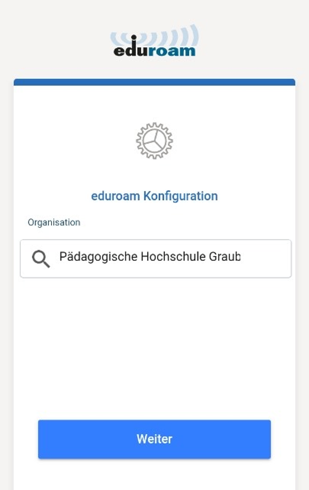 Screenshot of: **Organisation auswählen**\
Bitte suchen Sie nun, nach der Pädagogischen Hochschule Graubünden. Klicken Sie nun auf Weiter.