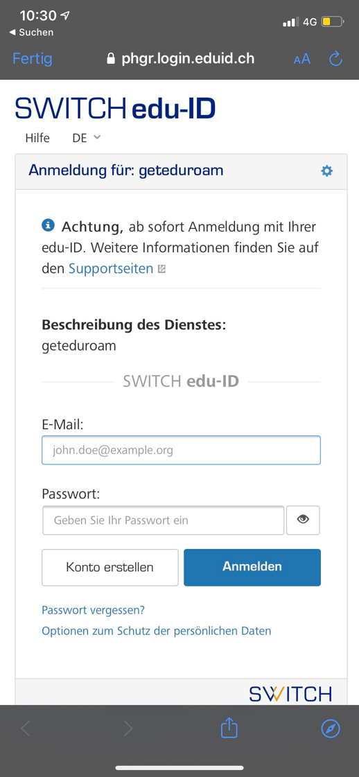 Screenshot of: **Login mit Ihrer Switch edu-ID**\
Melden Sie sich jetzt mit Ihrer edu-ID Mail und dem dazugehörigen Passwort an.