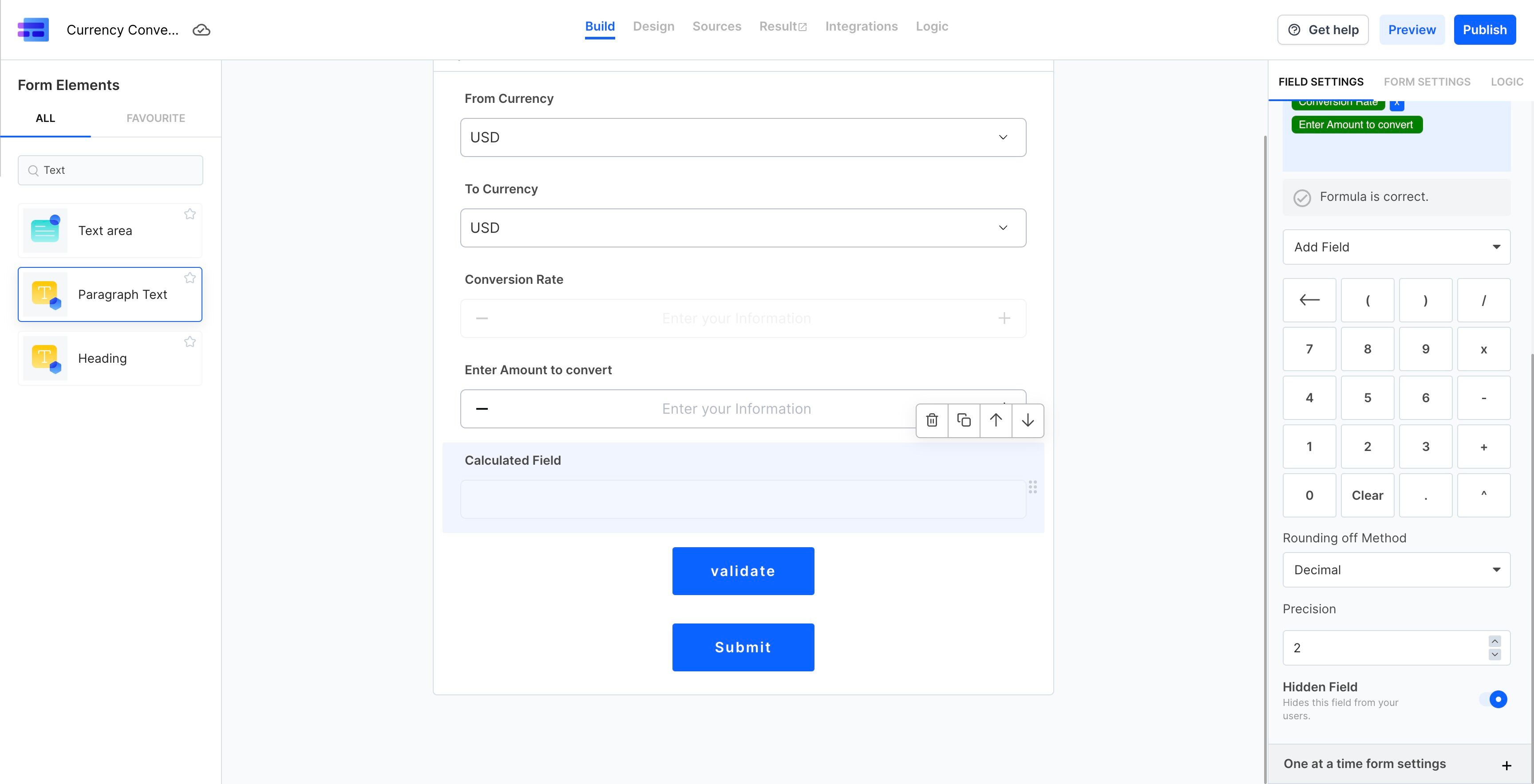 Screenshot of: Finally, we will use the paragraph text element to display the values in the form of   [[100]] [[USD]] =  [[95\.535]]  [[EUR. ]]