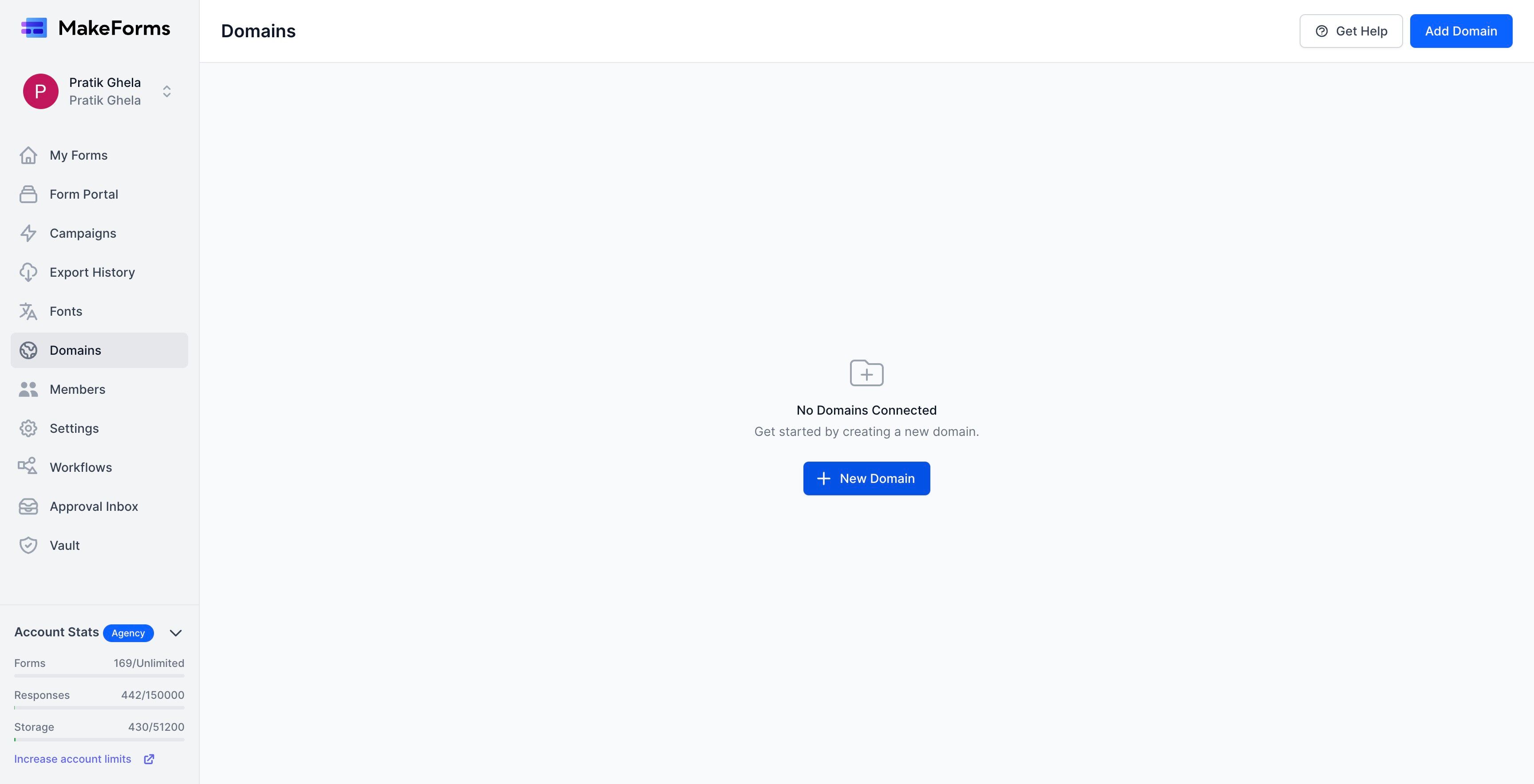 Screenshot of: Click "New Domain"