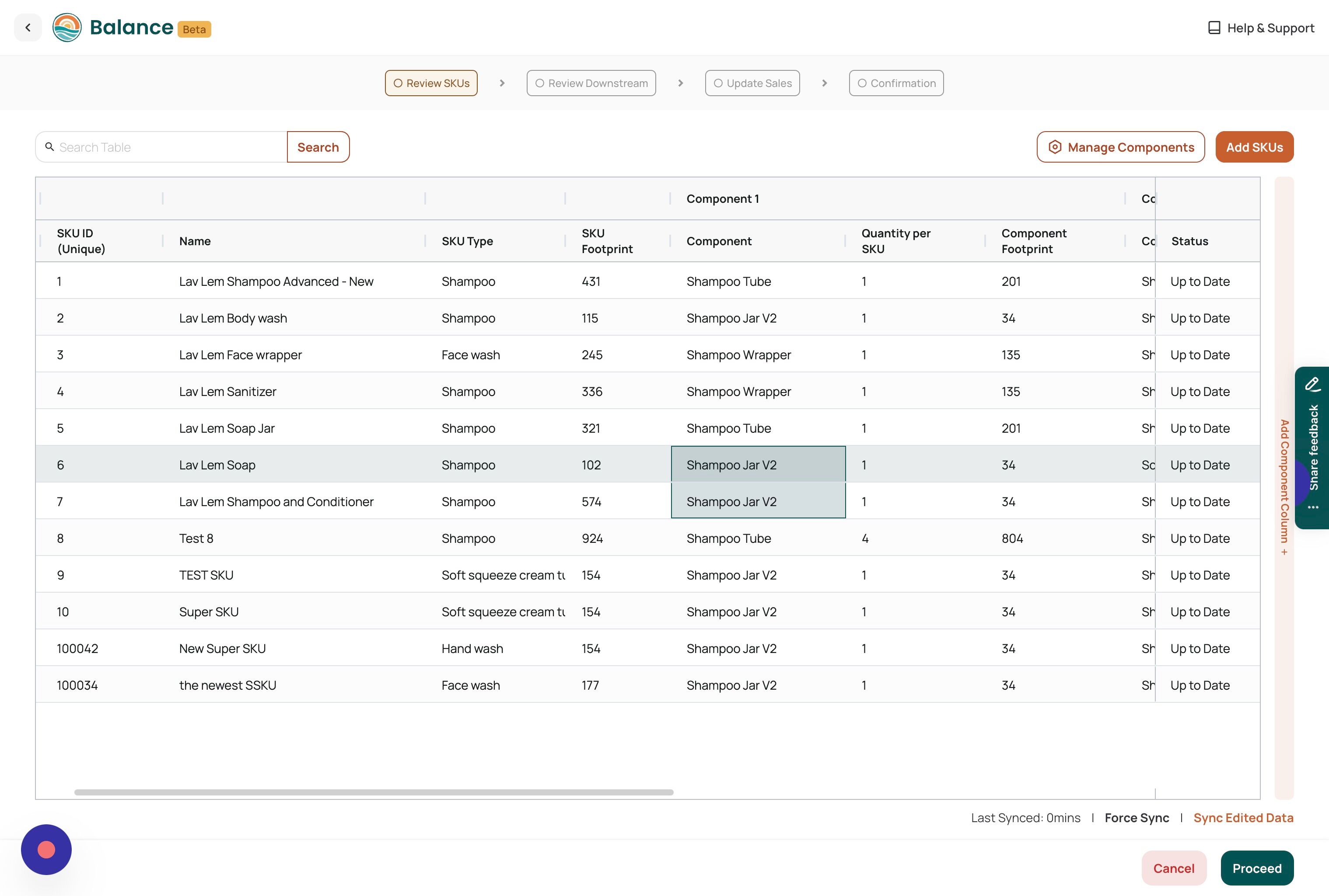 Screenshot of: Click "Manage Components" if you wish to view all the components used by your SKUs.