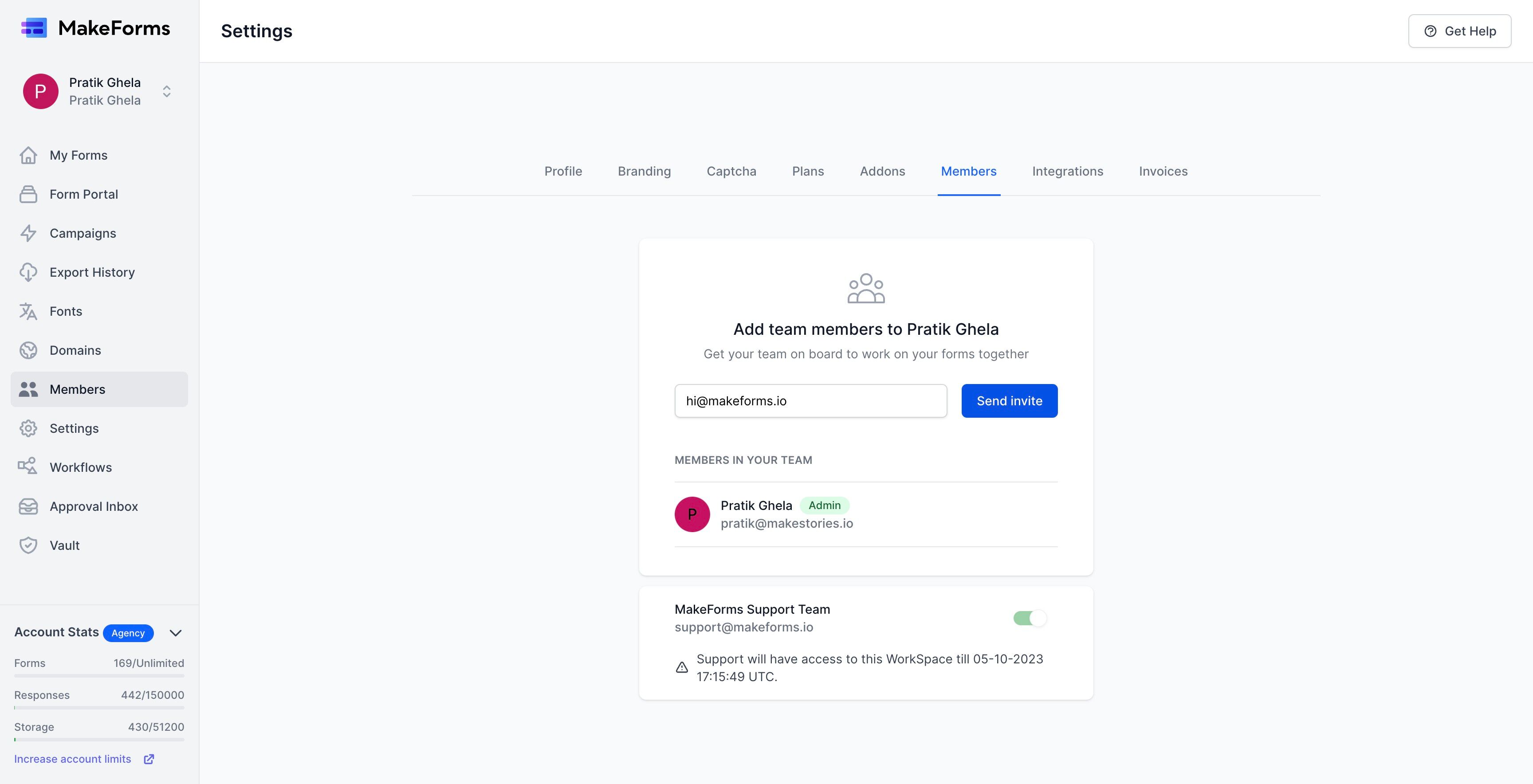 Screenshot of: To add a member to the WorkSpace, simply input the email address of the individual you wish to invite into the provided field, and then click the blue "Send Invite" button.