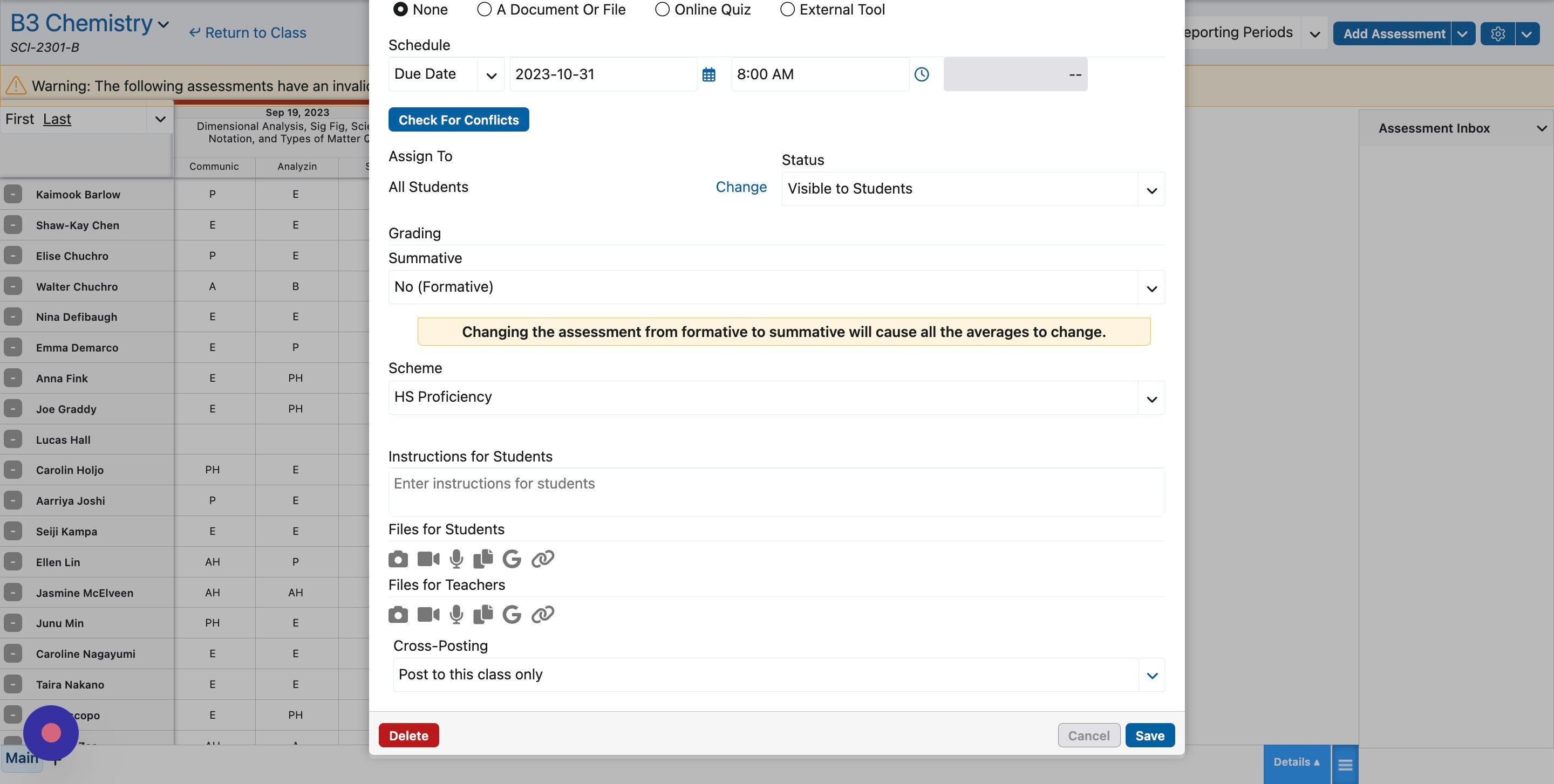 Screenshot of: Click Save. You can Copy to all classes. If the different classes have different standards, you can edit the standards after copying. Or you can copy only to the classes with the same standards. 