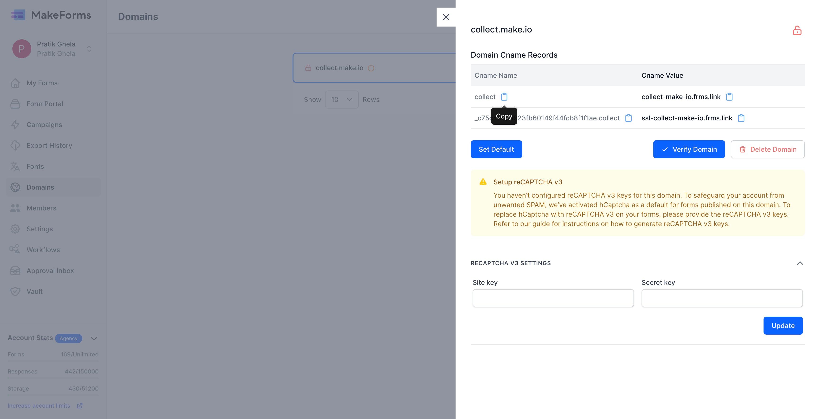 Screenshot of: As soon as you click the Manage Domain, you will be presented with the Domain Cname Records. We will now copy paste these values into our cloudflare DNS manager. 