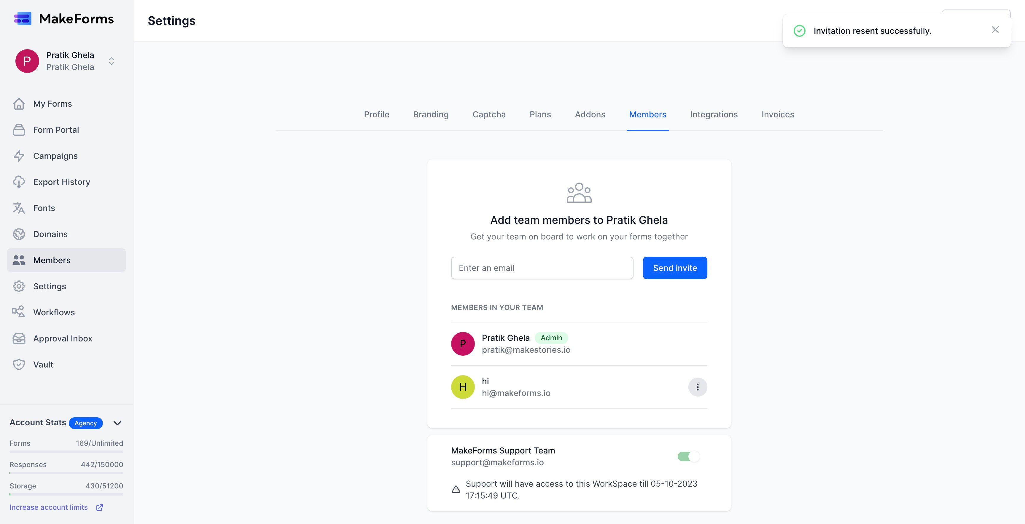 Screenshot of: Clicking the "Resend Invitation" button will dispatch another invitation to the user, allowing them another opportunity to join the WorkSpace should they have missed or overlooked the initial invitation.