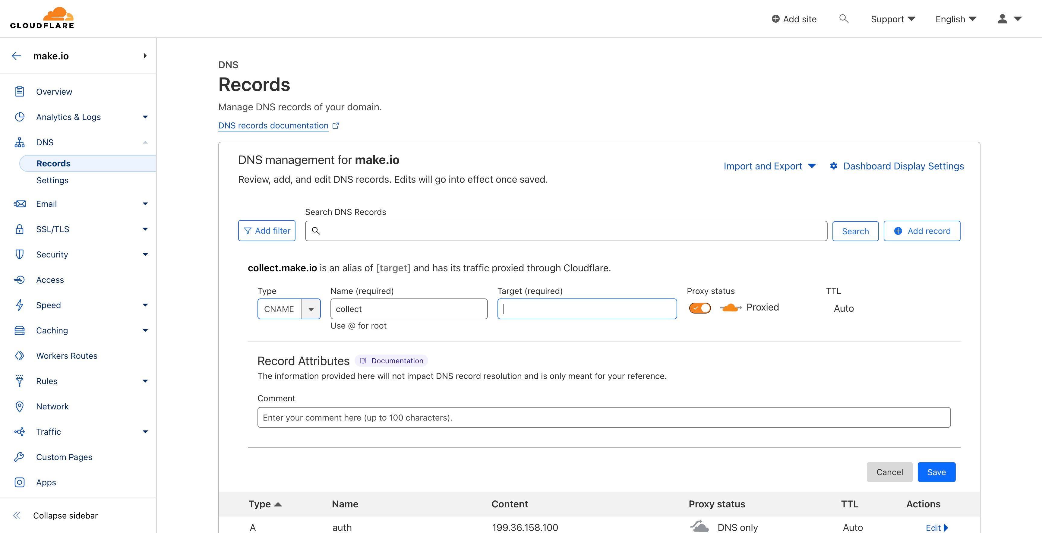 Screenshot of: In the target, paste the CNAME value that we just copied from our MakeForms tab