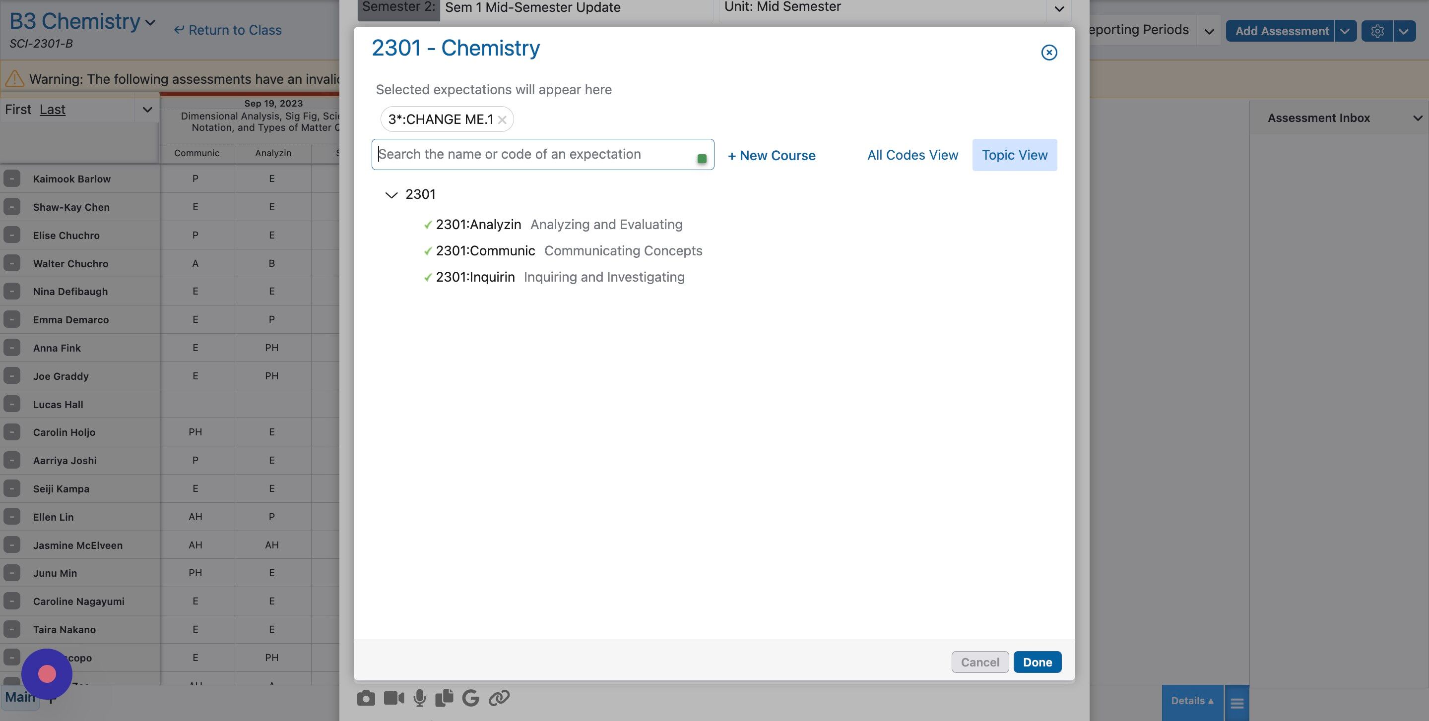 Screenshot of: Add all your standards by clicking on them.