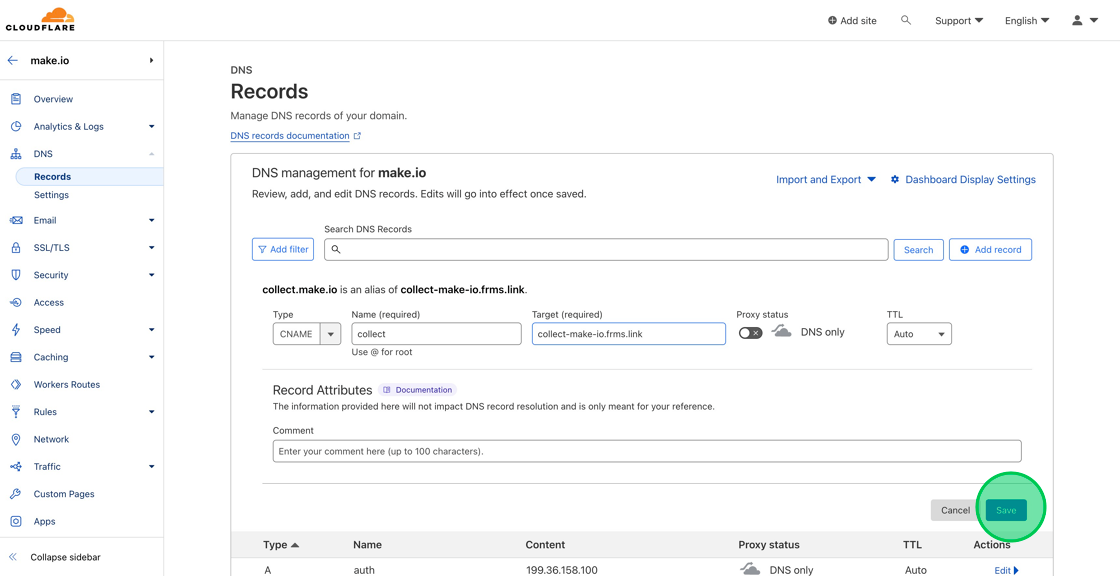 Screenshot of: Now, in your Cloudflare account, hit the blue Save button.