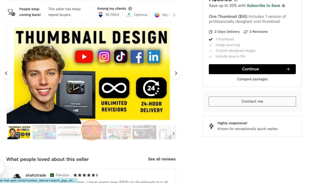 Screenshot of: By clicking on the smaller thumbnails you are able to see a larger preview example thumbnail that is provided as a portfolio of their thumbnail-creating and design skills. 