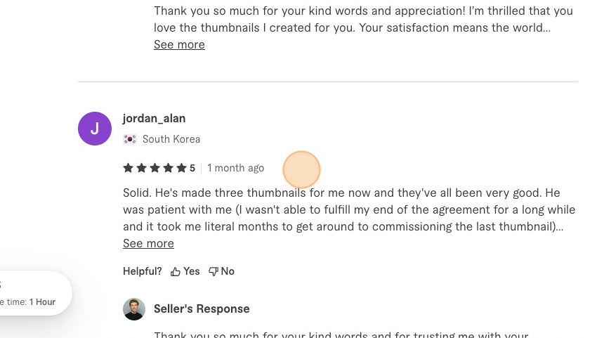 Screenshot of: It's essential to look at multiple customer feedbacks as it will give you a better appreciation of the quality of work provided, the buying experience and how good the provider was at delivering the requested thumbnail. 