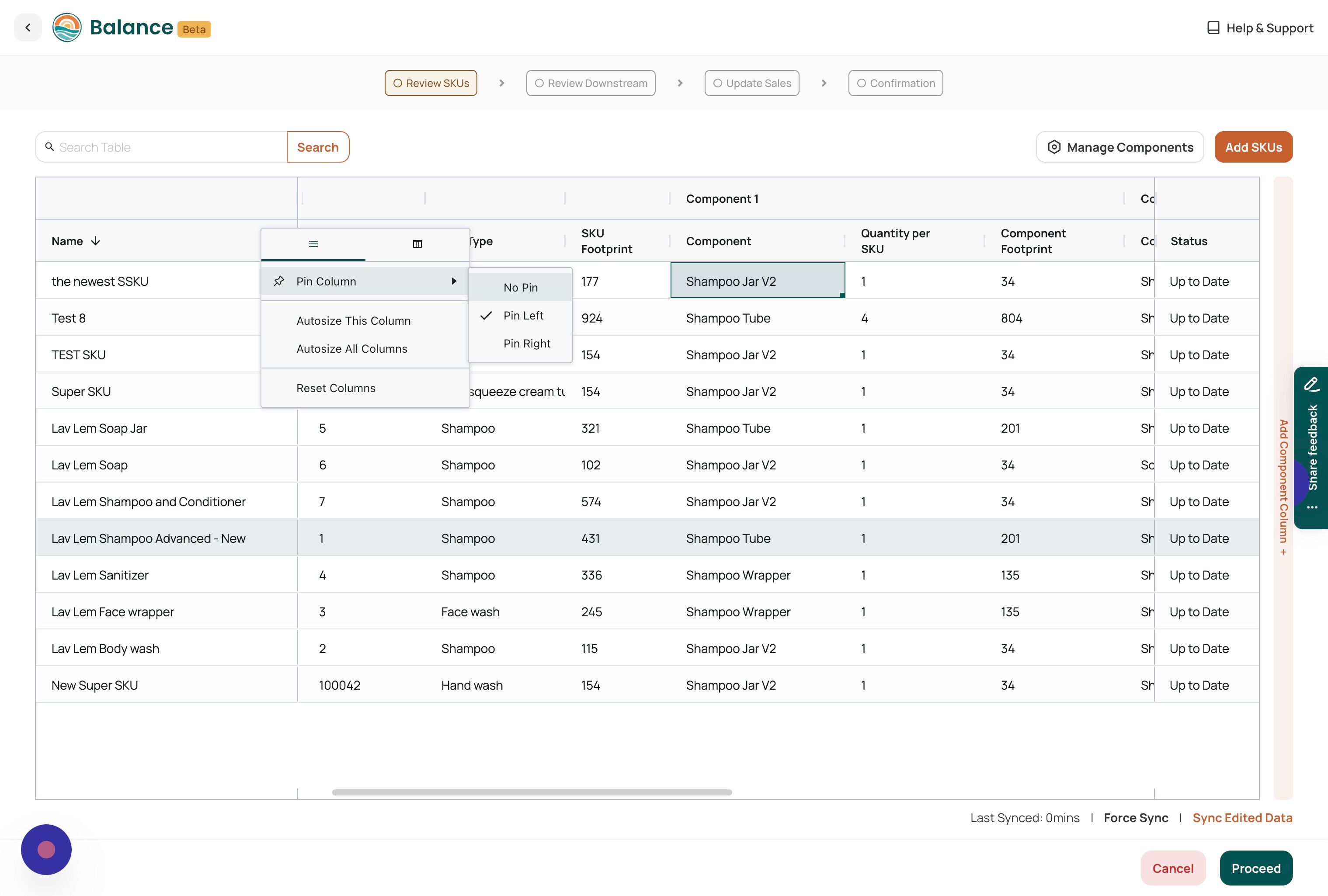 Screenshot of: You can unpin a column by clicking "No Pin" in the same menu.
