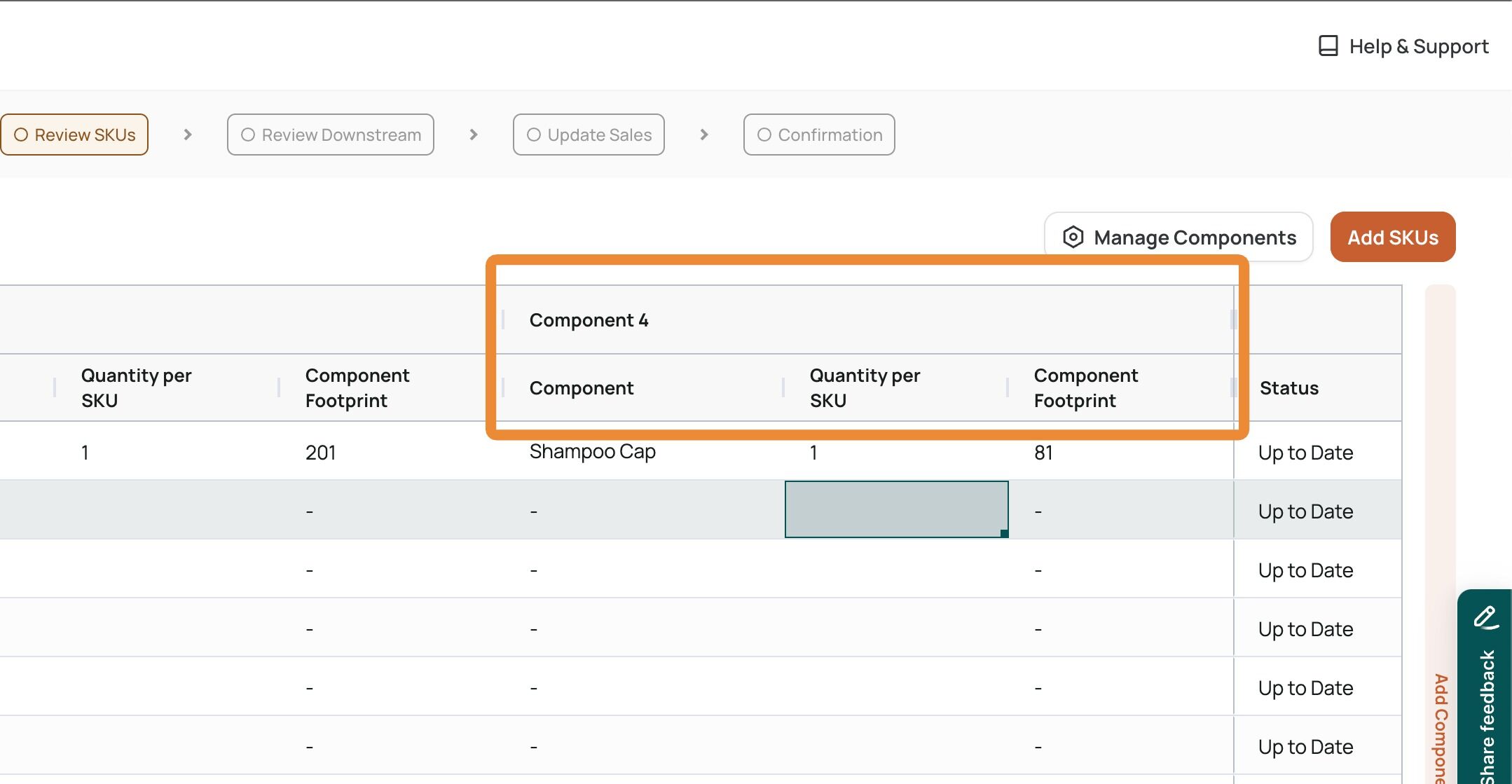 Screenshot of: A new component column will be available to you to add more components for any SKU