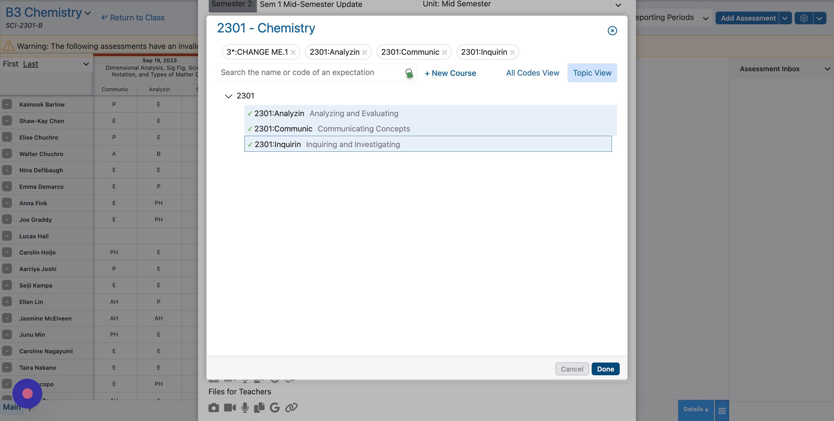 Screenshot of: Click Done to save the standards.