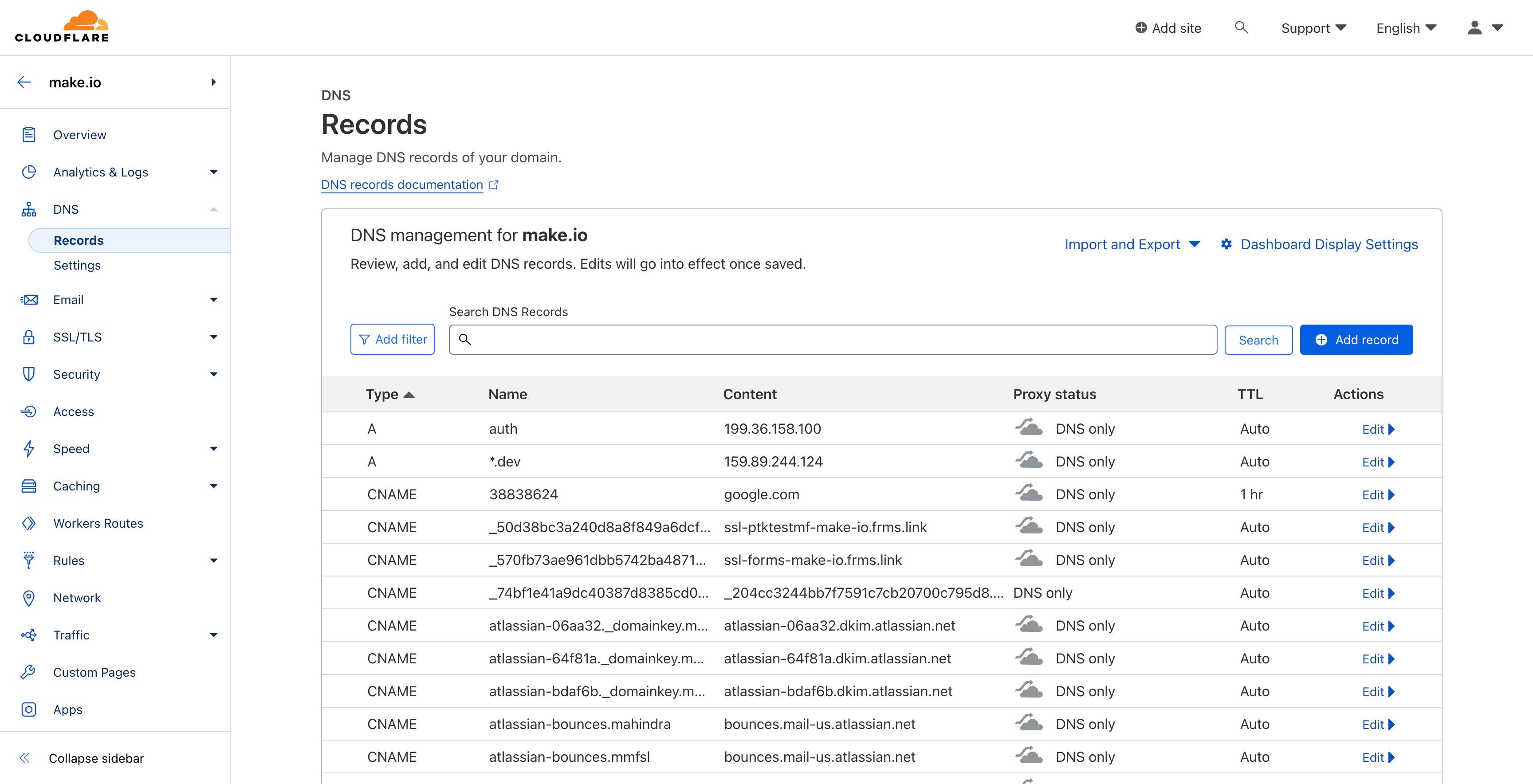 Screenshot of: Go to your Cloudflare account and select the domain DNS Records. Once you are at the DNS Records page, click the Blue "Add record" button. 